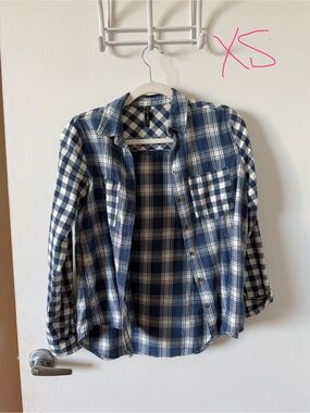 Blue and White Plaid Button-Down Flannel Shirt
